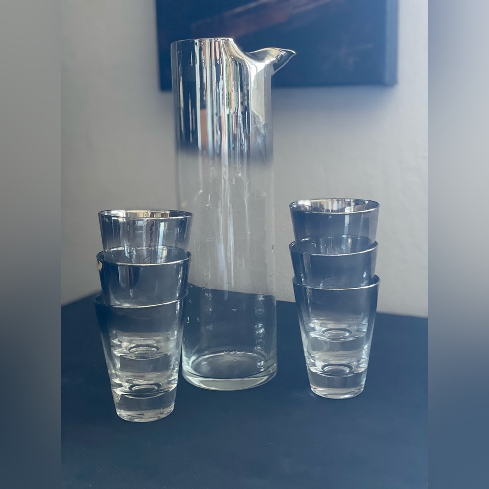 MCM Mid Century Dorothy Thorpe Silver Fade Cocktail Martini Pitcher Glasses Set